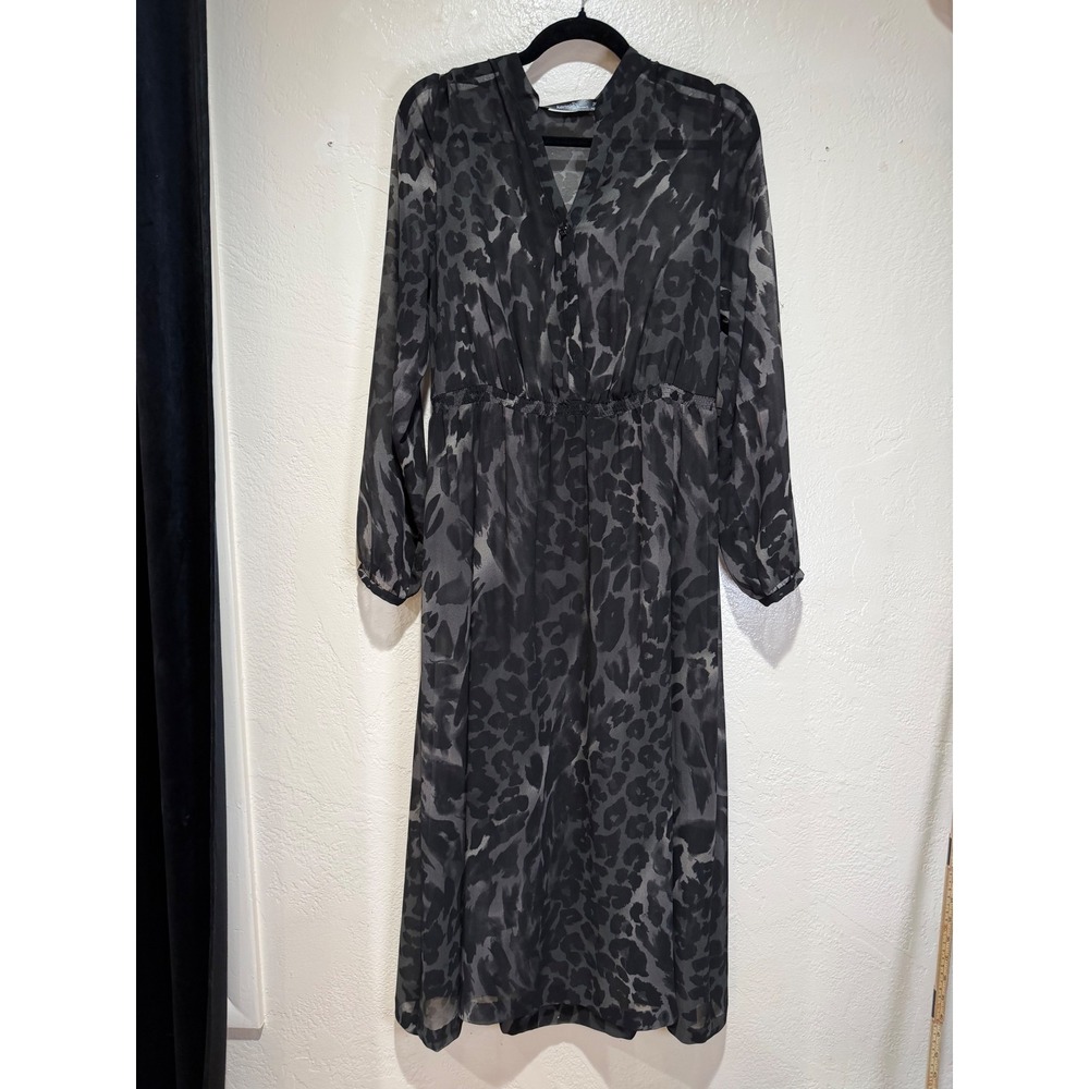 Kensie Womens Grey Leopard Print Chiffon Midi‎ Dress Long Sleeve Size 10 Button